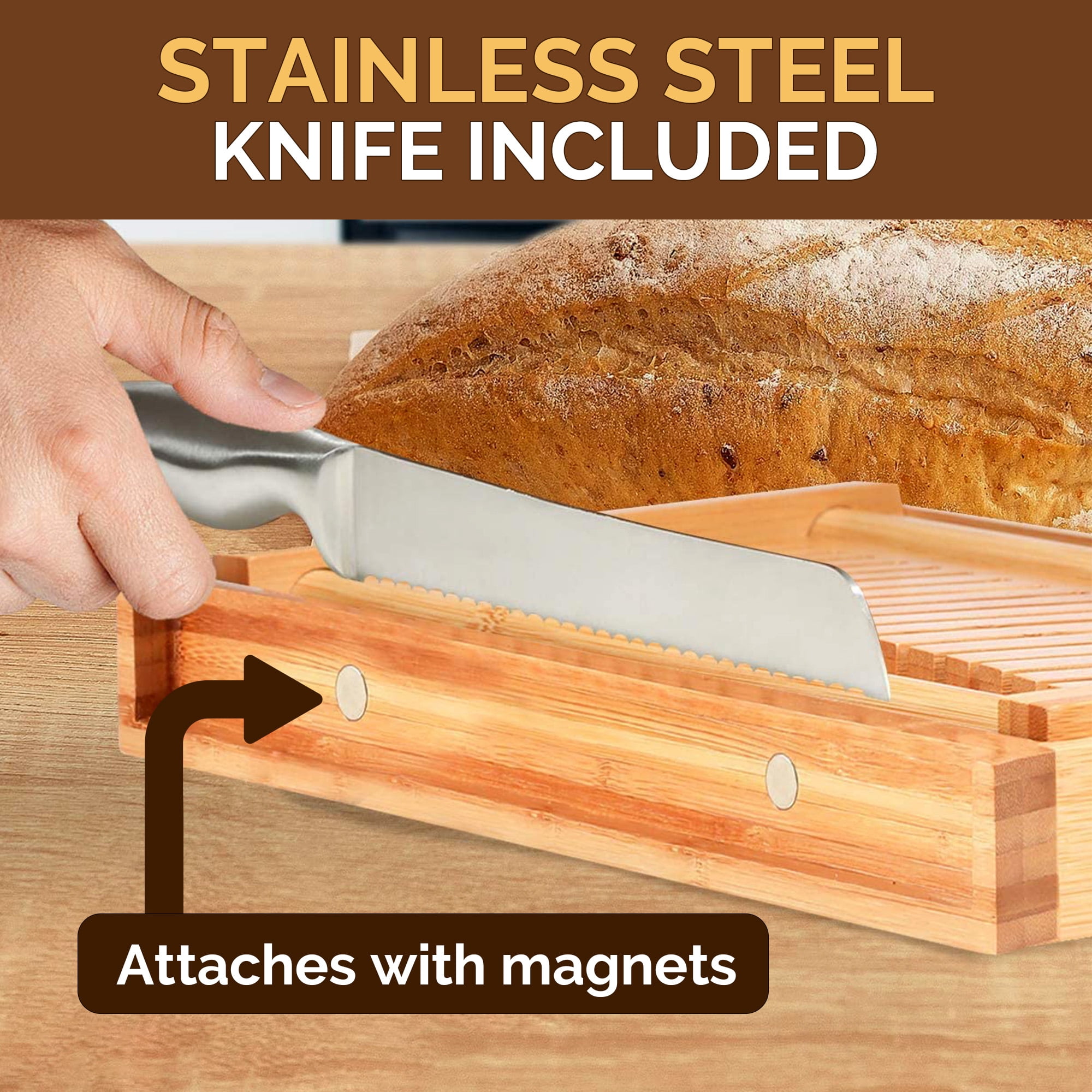 Bread Slicer with Knife, Foldable Bamboo Cutting Guide with Crumb Tray, 3 Thickness