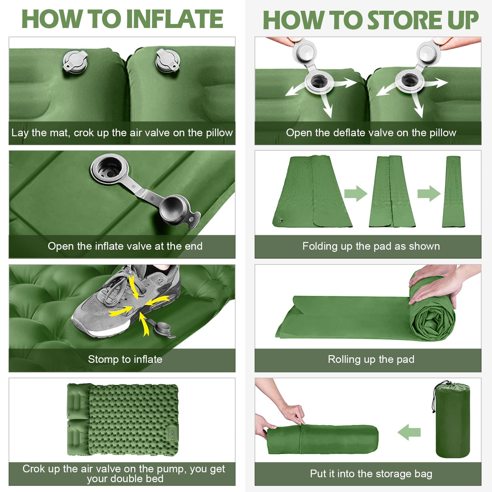 Eurhowing Double Sleeping Pad 4" Thick, 2 Person Inflatable Camping Mat with Foot Pump & Pillow, Portable Air Mattress for Backpacking Hiking Tent Travel, Green