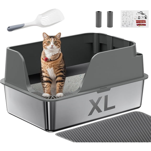 Non-stick Stainless Steel Litter Box, XL Splash-Proof & Leak-Proof, Large Capacity, Cat Litter Box for Multi-Cats, Large Cats, Easy-Clean (Gray)