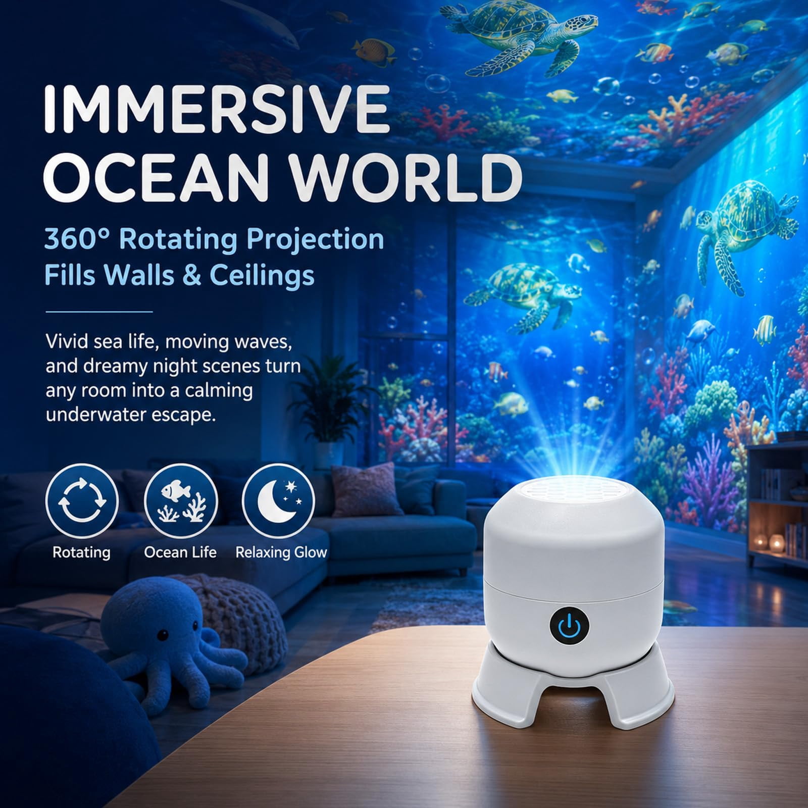 Dynamic 360° Rotating Ocean Wave Projecto,Led Starry Ocean Projector,Aquarium Projector for Bedroom,Plug & Play USB Dimmable Mood Light for Bedroom Meditation, Adults Home Theater Relaxation，Ocean