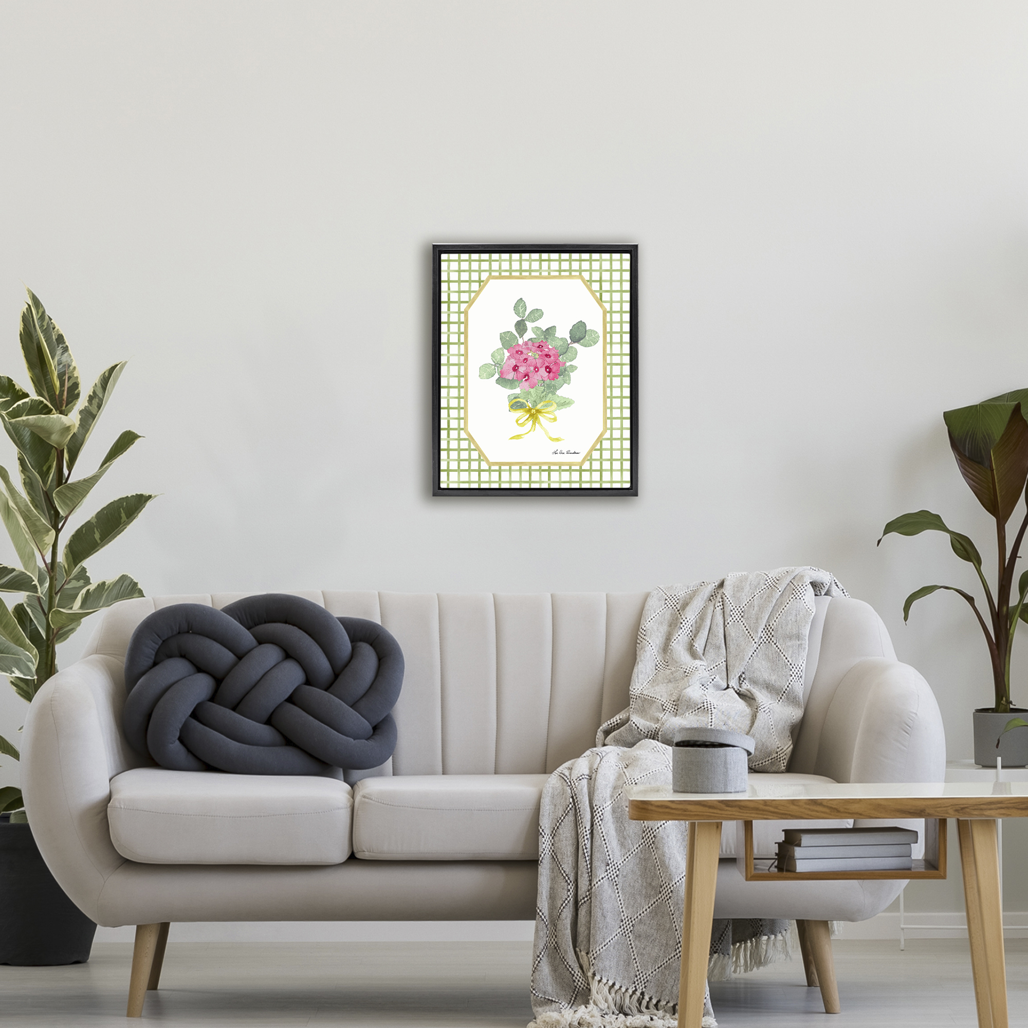 Botanical Story on Grid Pattern Black Framed Floater Canvas Wall Art, design by Lee Ann Sanders