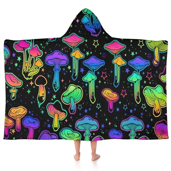 Colorful Mushroom Star Black Pattern Hooded Bath Towel,50"x30" for Ages 3 To 12 Kids, Quick Dry Lightweight Soft Microfiber Hood Beach Towel Cover Up for Kids