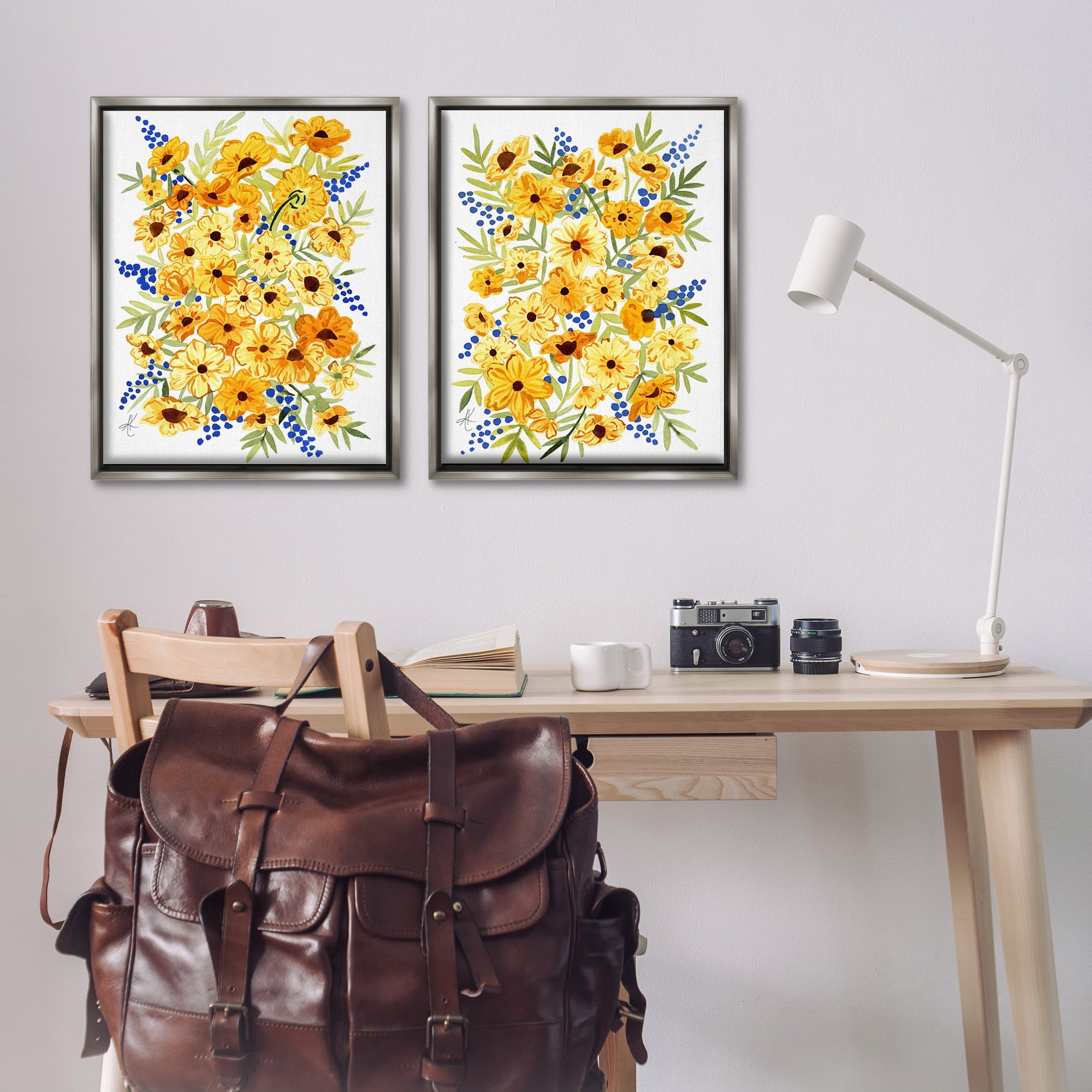 Stupell Industries Golden Cosmos with Blue Berries Plants & Flowers Painting Gray Floater Framed Canvas Art Print Wall Art, 31 x 25, Set of 2