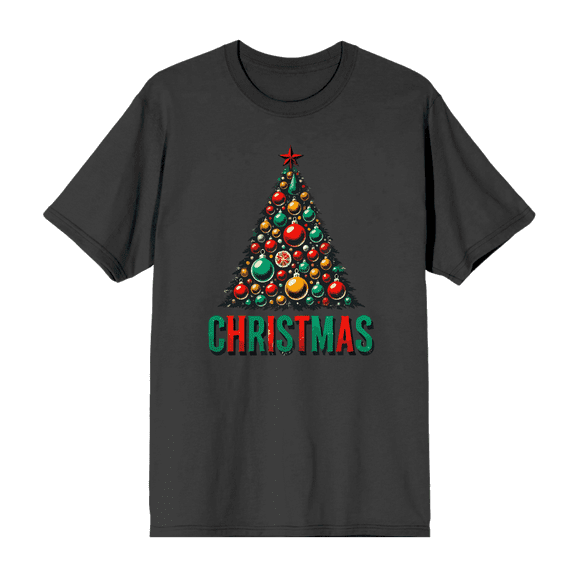 Christmas Tree Adult Charcoal Crew Neck Short Sleeve Tee-Medium