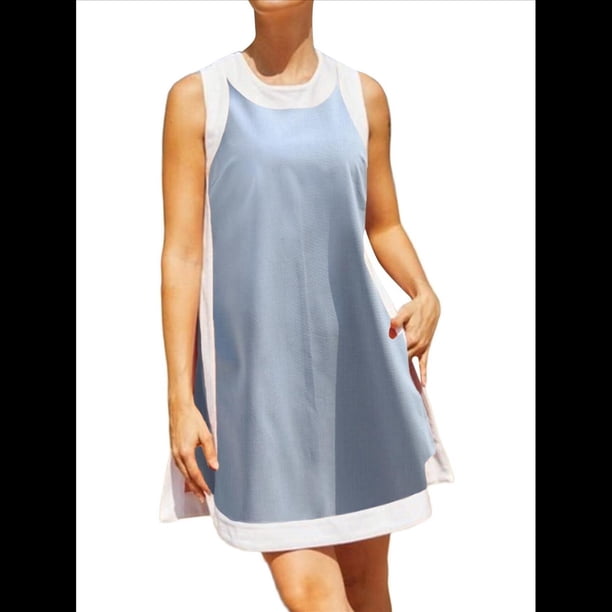 Conjuntos de 2 Piezas para Mujer: Jersey Informal de Cuello Redondo Sin Mangas con Bloques de Color y Pantalones Cortos A Juego con Bolsillos Azul XXXL