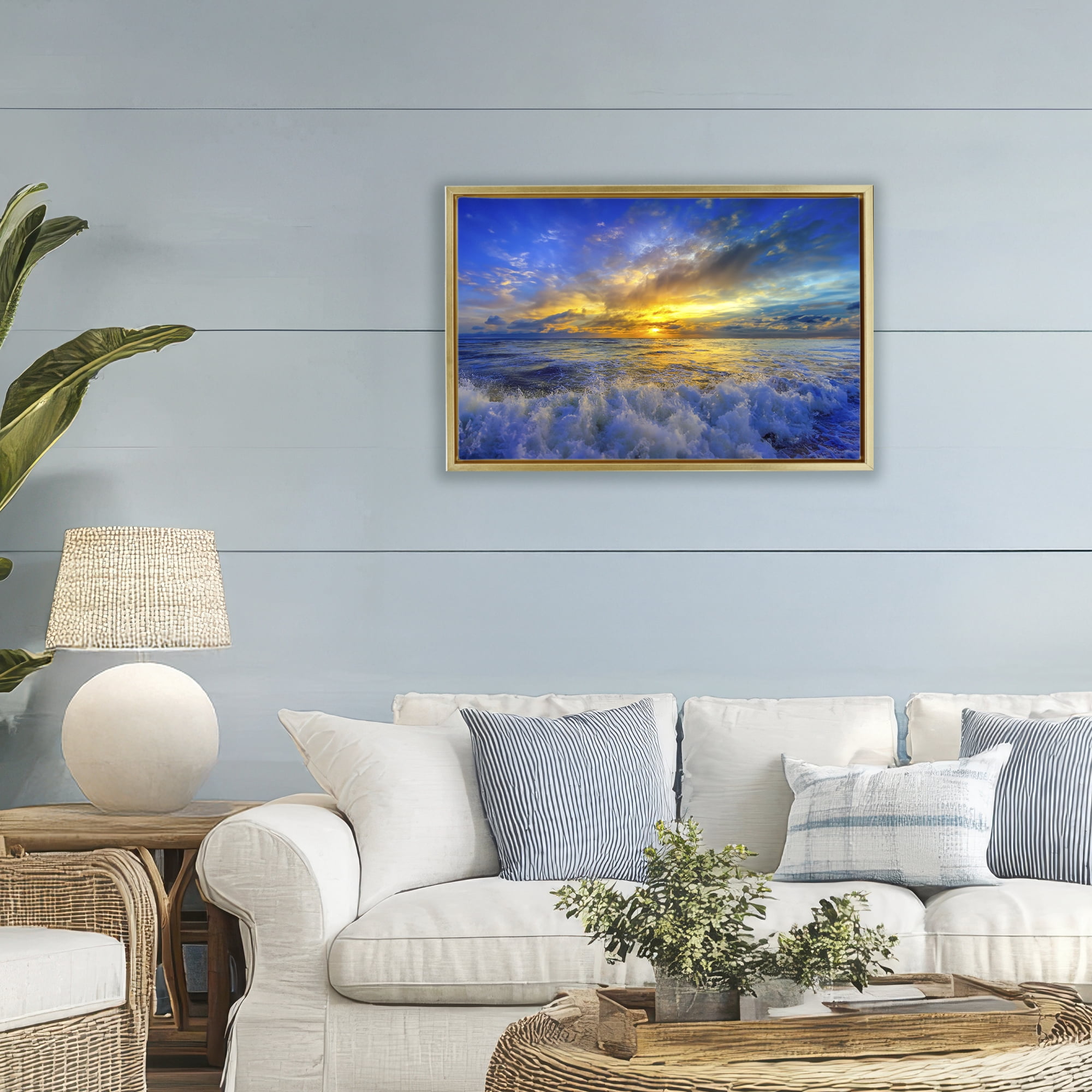 Stupell Industries Golden Blue Sunset over Waves Gold Framed Floater Canvas Wall Art, design by Eszra Tanner