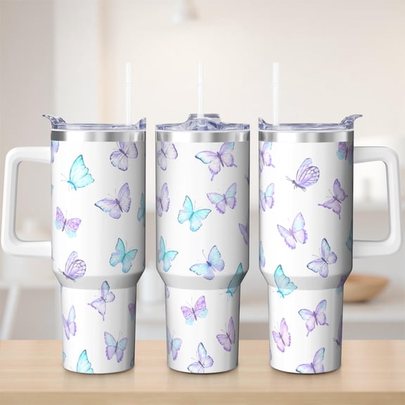 Butterfly tumbler 40 oz tumbler with handle and straw 304 stainless steel travel cup coffee mug water bottle suitable as a gifts for women mom gifts gift for butterfly lovers