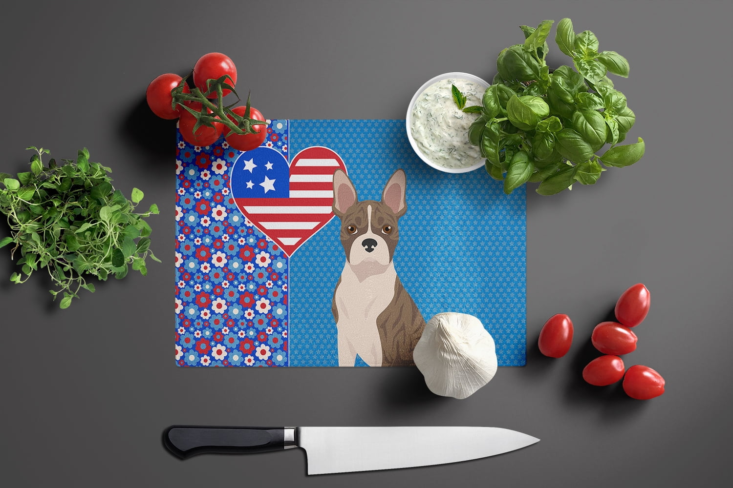 Brindle Boston Terrier Glass Cutting Board Large 12 in x 15 in