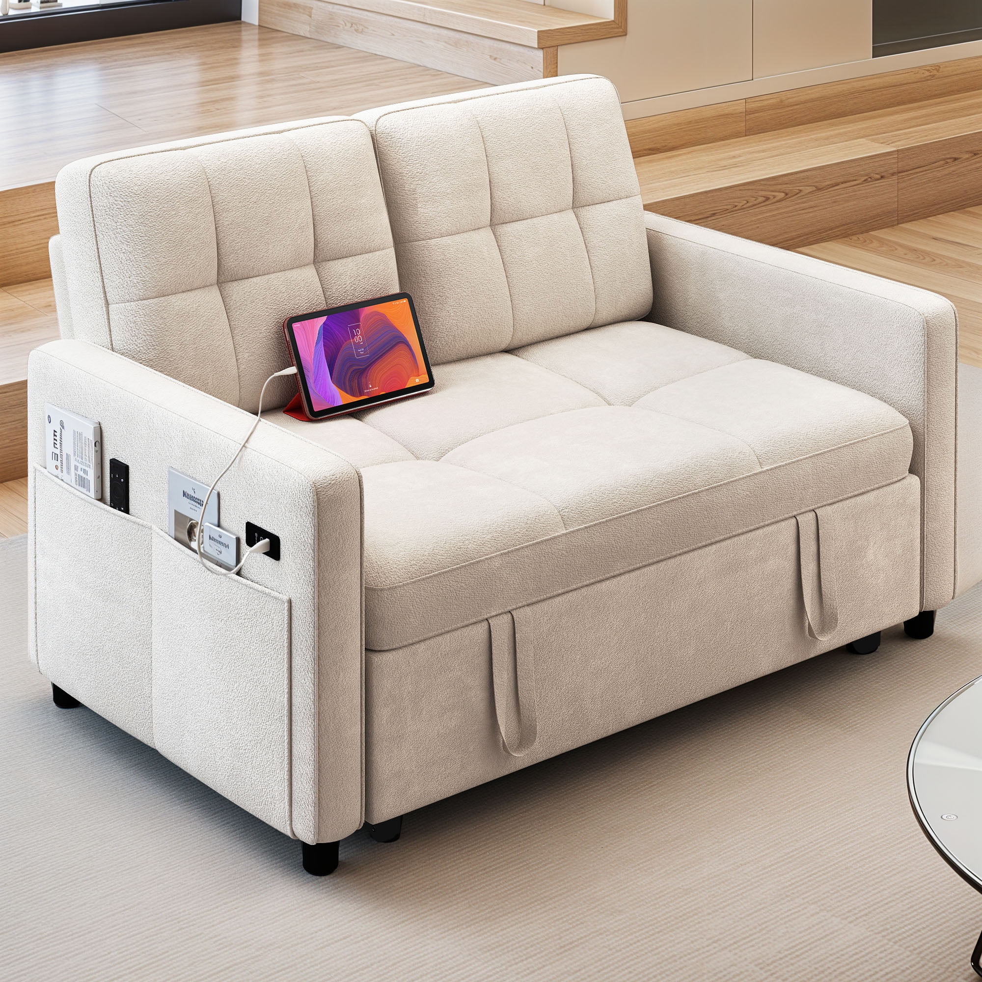 Uforic 3-in-1 Convertible Futon Sofa Bed, Modern Couch Cat-Scratch-Proof Loveseat Sleeper for Small Place, Beige