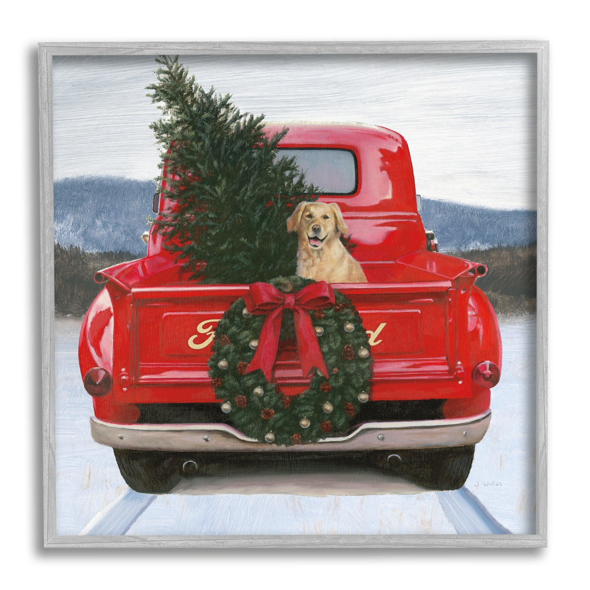 Christmas Tree & Dog Red Truck Driving Snowy Scene Botanical & Floral Painting Framed Art Print Wall Art