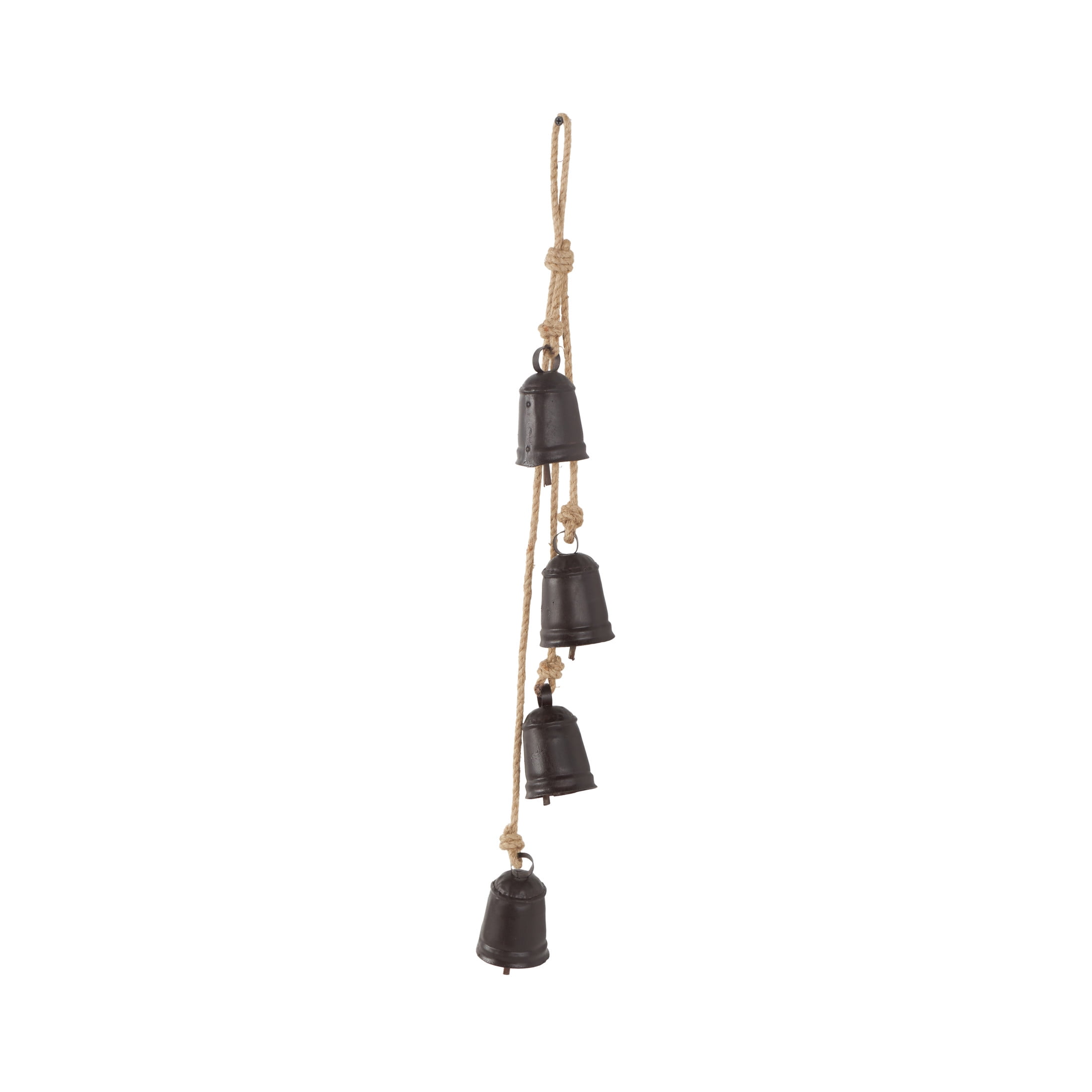 DecMode Tibetan Inspired Cascading Dark Brown Metal Cylindrical Decorative Bells with 4 Bells on Jute Hanging Rope