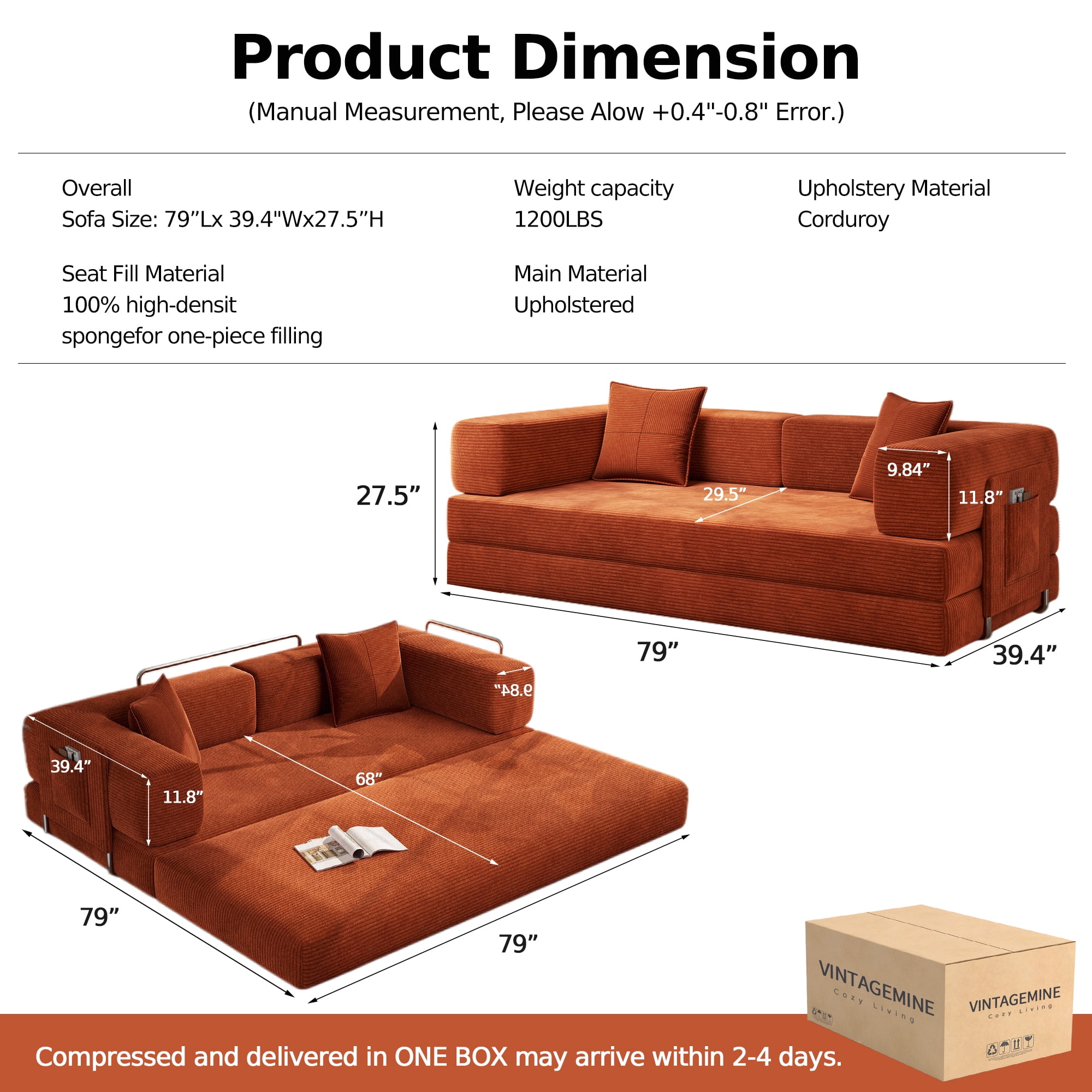 Leumius 79 Inch Convertible Sofa Bed,5-in-1 Corduroy Floor Sofa with High-Density Foam,Metal Back and Arm Supports, Washable Cover and Side Pockets,Orange