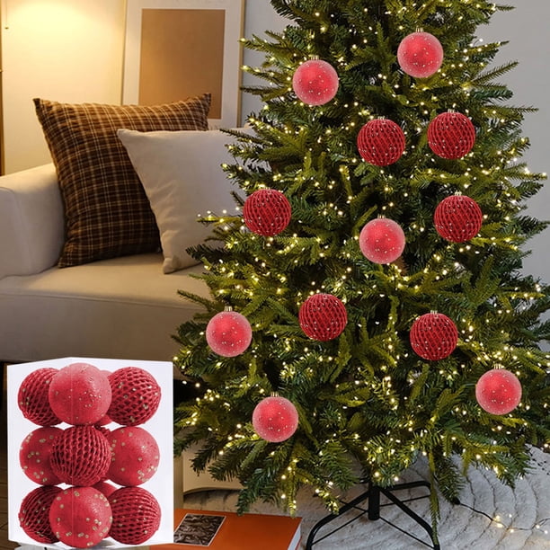 Adornos de Navidad para árboles, 12 piezas, irrompibles, varios estilos, rojo