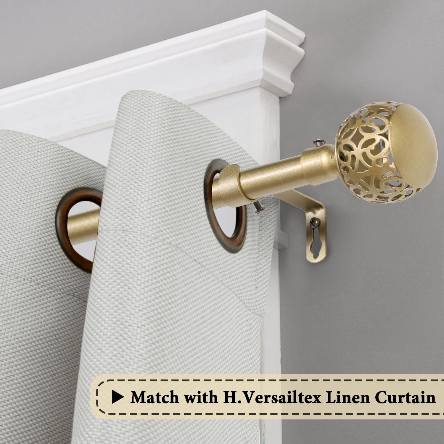 H.VERSAILTEX Single Retractable Curtain Rod for Windows 48"-84"，3/4 Inch Diameter Carved Hollow Ball Tail,Gold