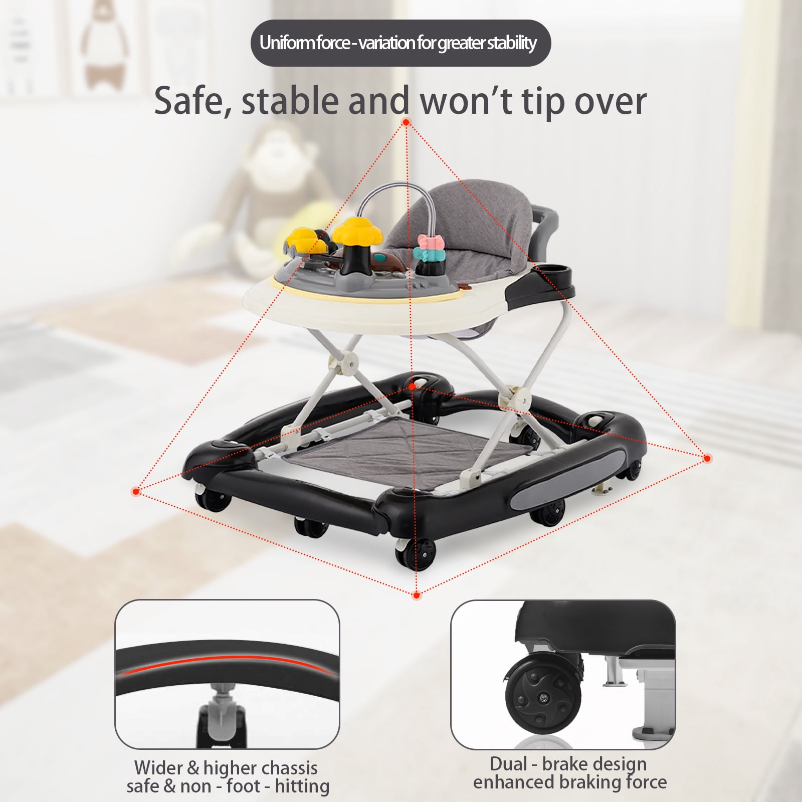 OUYI Foldable Baby Walker for Newborn & Toddler Safe - Sunshade, Foldable for Portability, Black