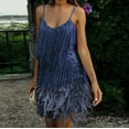 thumbnail image 6 of ZQGJB Cocktail Dresses for Women Sequin Feather Sleeveless Spaghetti Straps Backless Prom Party Club Dress Fashion Solid V Neck All-Over Fringe Sexy Bodycon Mini Dress #01-Dark Blue L, 6 of 6