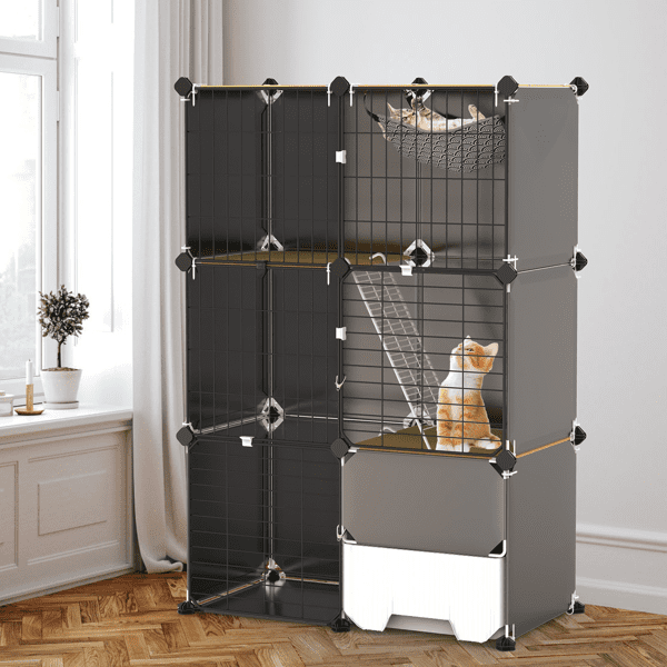 3‑Tier Multi‑Space Cat Enclosure Cage, Indoor Cat Play House with Litter Box Drawer, Reversible Hammock for Kittens, Rabbits, Chinchillas and Small Pets