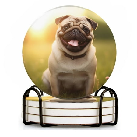 

Drink Coasters Set of 4 with Holder happy smiling pug dog sitting on the grass with beautiful sunlight Water Absorbent Ceramic Coasters Tabletop Protection Suitable for Various Cup Home Decor