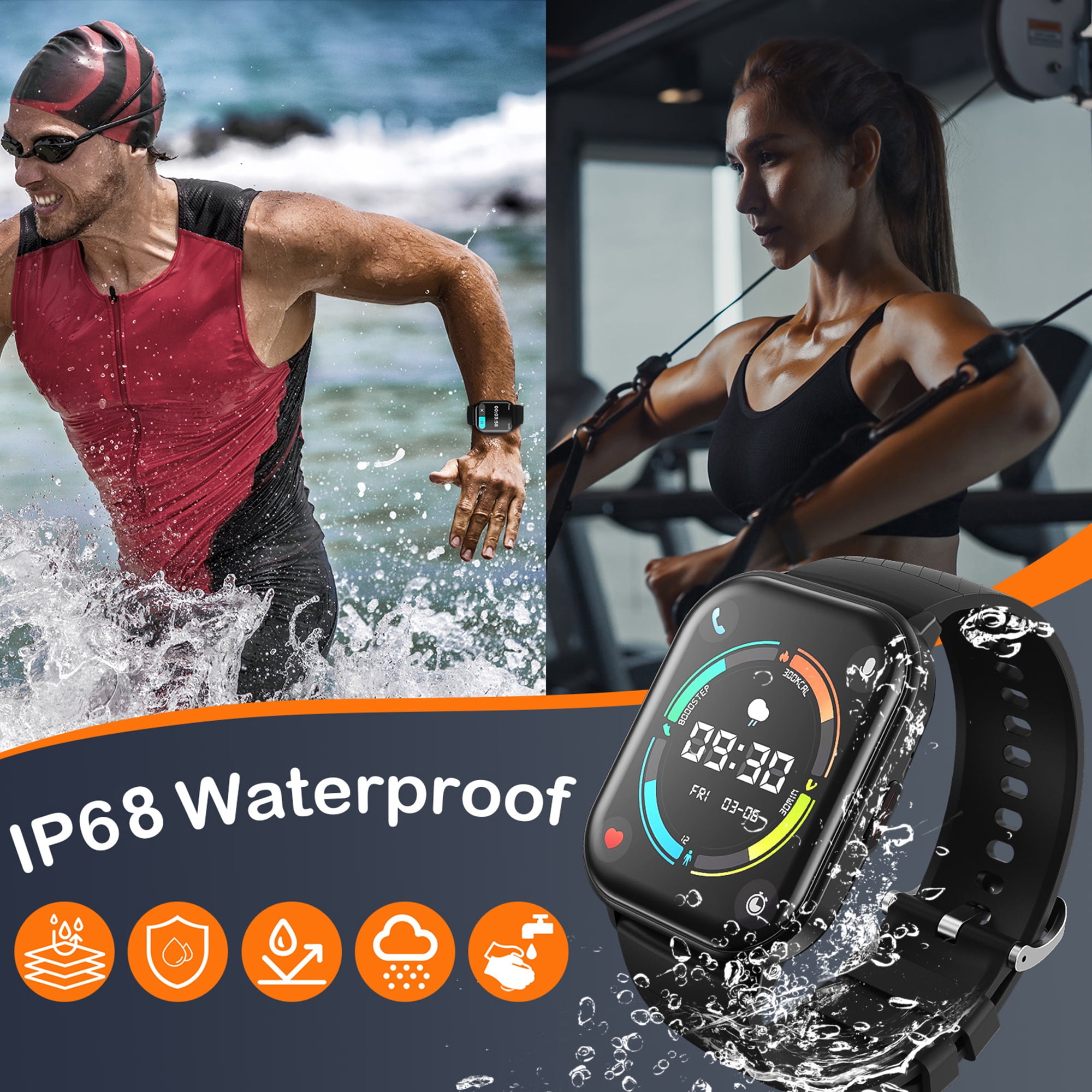 (2 pack) AUOSHI Smart Watch Fits for Android & Iphone (Bluetooth Answer/Make Calls), 2.01 inch IP68 Waterproof Tracking Fitness, Sleep Monitor/Pedometer/Calories,Multiple Sports Modes,Black