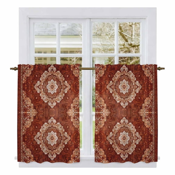 Vintage Brown Tier Curtains, Boho Ethnic Geometric Abstract Art Southwestern Light Filtering Kitchen Curtains, 2Pcs Rod Pocket Half Window Treatments Panels for Sink Cafe Cabinet Basement 27.5x45In