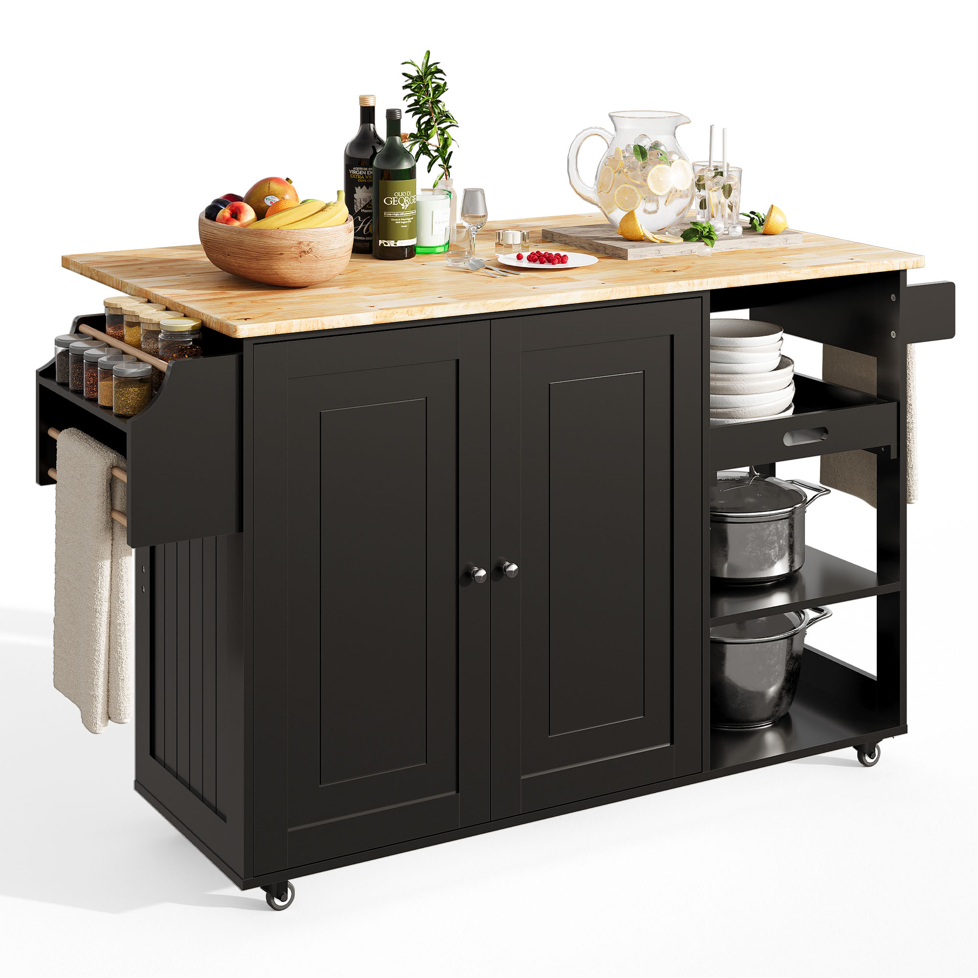 Kitchen Island with Storage, Lofka 41.7” Kitchen Island Cart with Drop Leaf, 1 Removable Tray, 2 Shelves, 1 Cabinet, Black