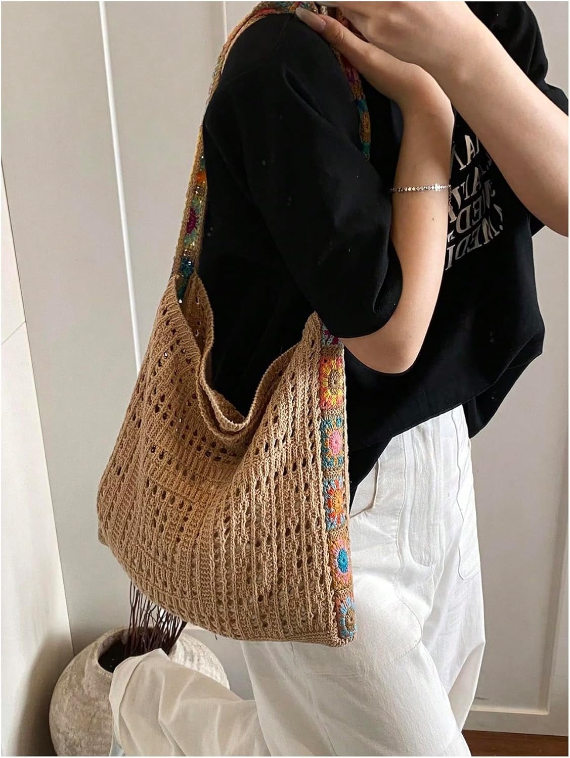 CAILDANL Women's Boho Embroidery Crossbody Bag Hollow Out Crochet Knit Shoulder Bag Tote Handbag