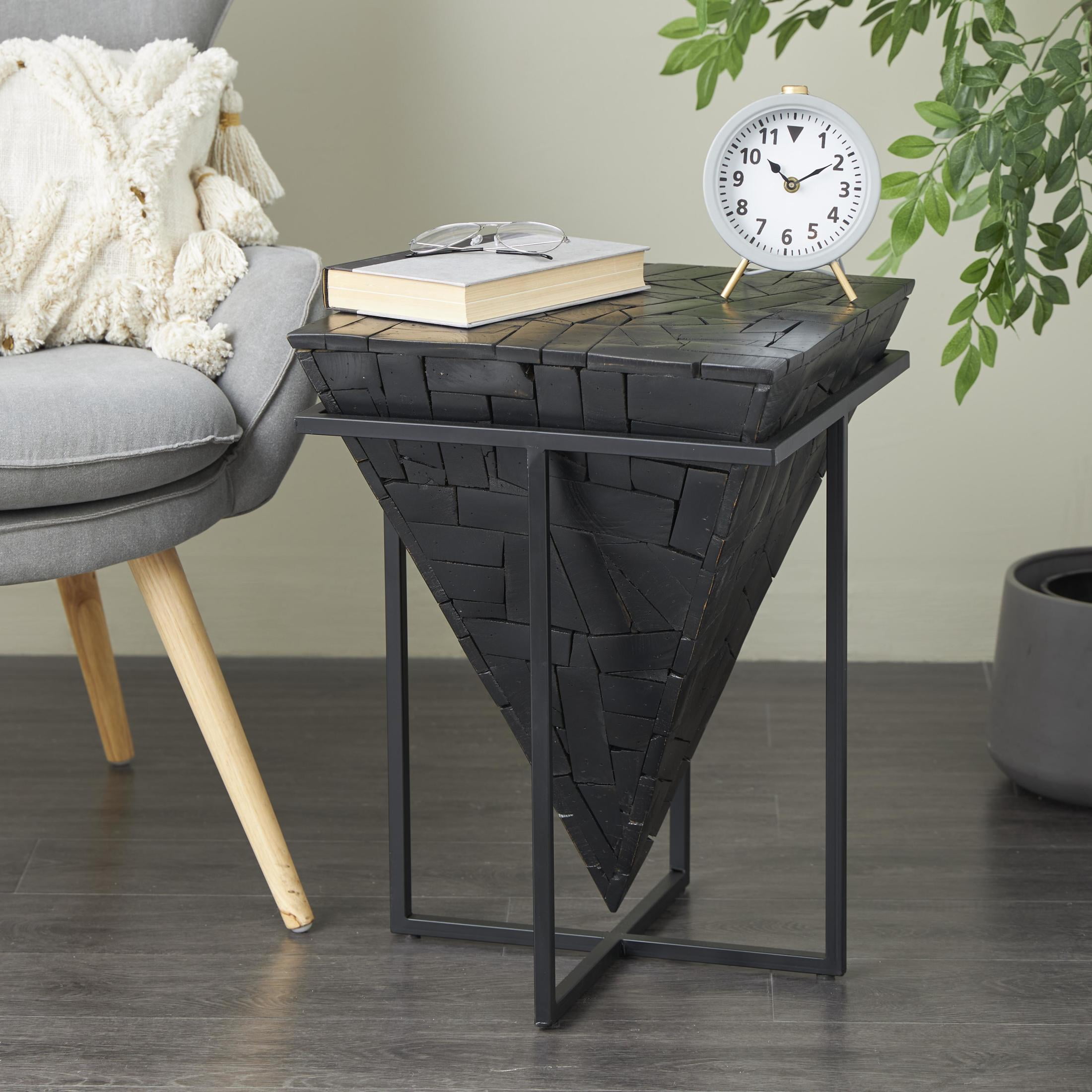 DecMode 17" x 22" Black Teak Wood Handmade Inverted Pyramid Geometric Accent Table with Black Metal Base, 1-Piece