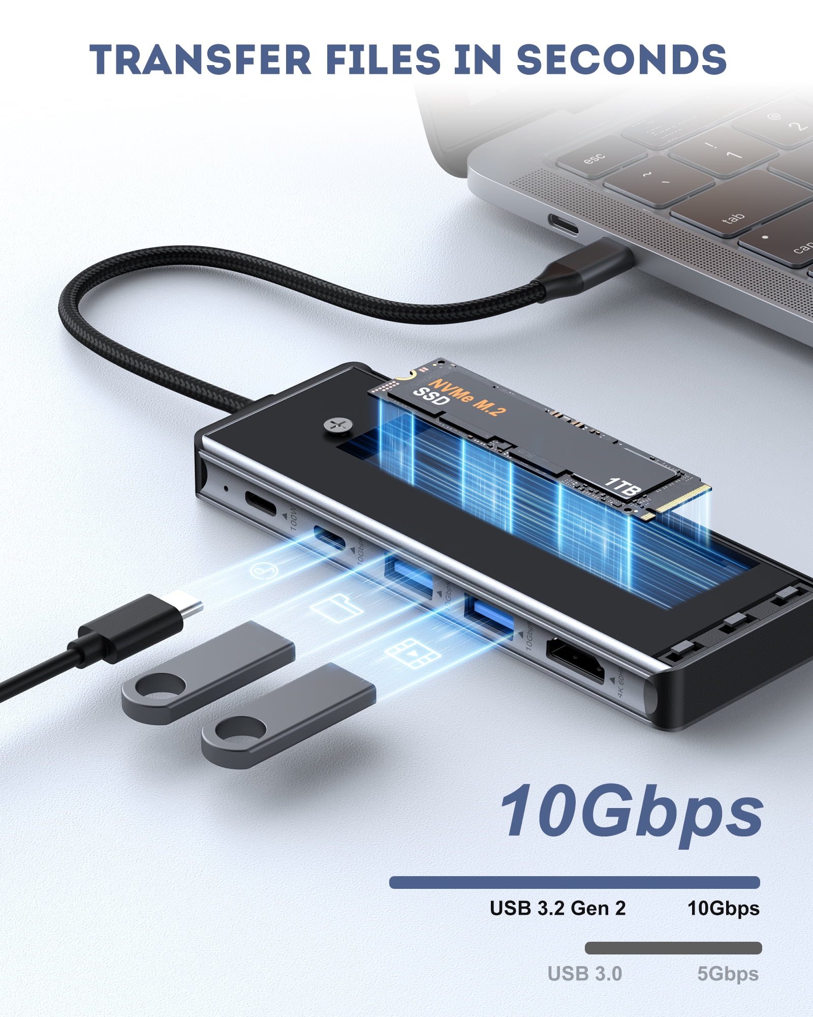 USB C Hub for MacBook Air/Pro Mac mini Laptop, Multiport Adapter Dongle Dock Docking Station with M.2 NVMe SSD Enclosure, 4K60Hz HDMI, USB 3.2 Gen 2, 100W Pass-Through Charging