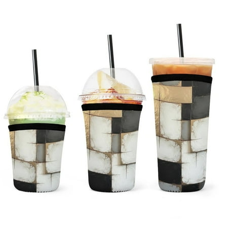 

Set of 3 Packs Reusable Hot And Iced Coffee Cup Sleeve Neoprene Tumbler Sleeve Geometric Abstract Art Gray Black Gold Retro(16 24 32oz)