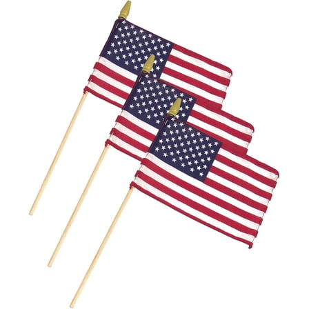 Super Tough American Flag | 1x1.5 FT Outdoor USA Flag | 30" Durable Wooden Stick with Spear Tip & Embroidered Stars | 12x18 in Premium Durable Polyester US Stick Flag | All-Weather Flag | 3 Pack