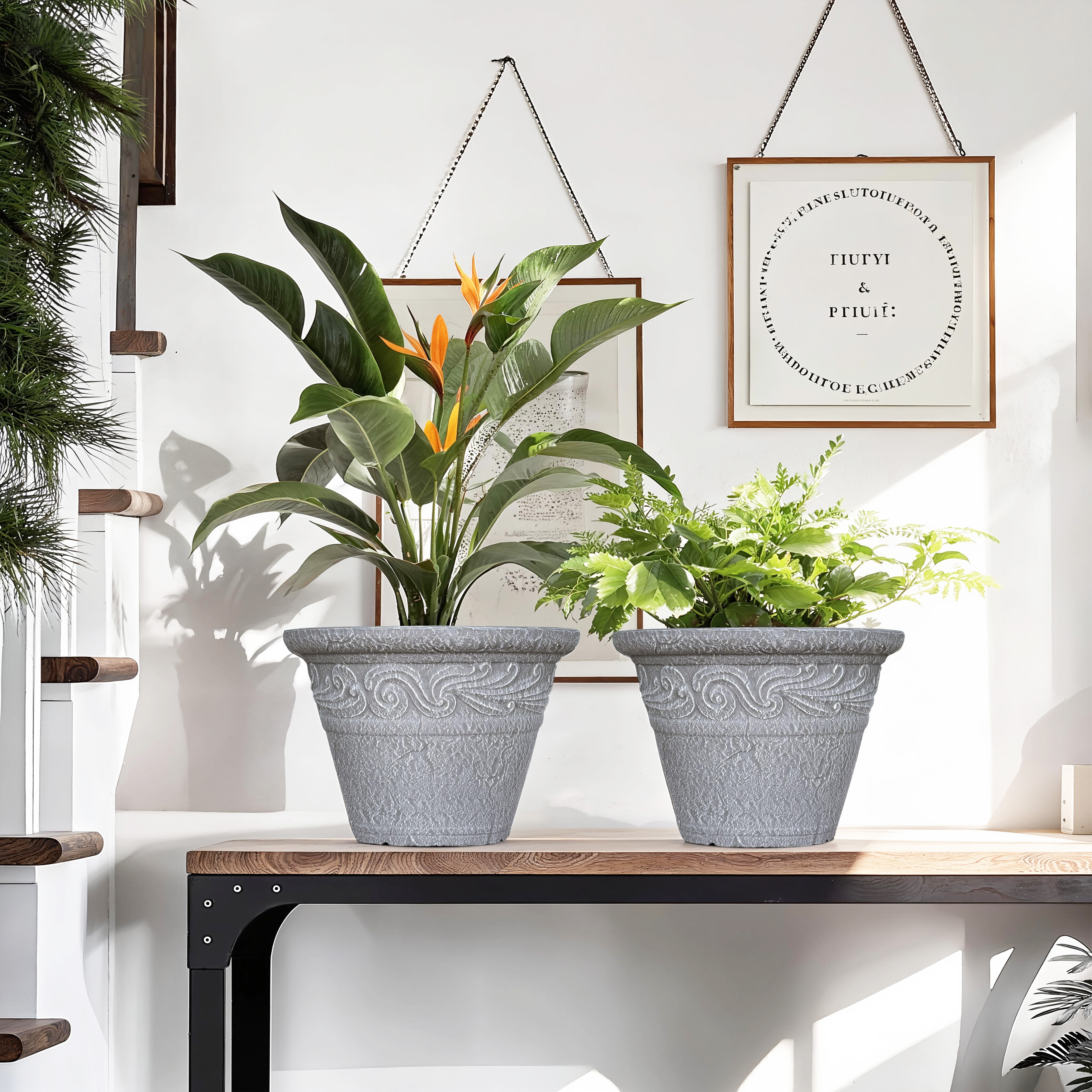 12 in. Dia Two-piece Set Of Classical Relief Flower Pots for Indoor/Outdoor Plants (Set of 2) in Light Gray