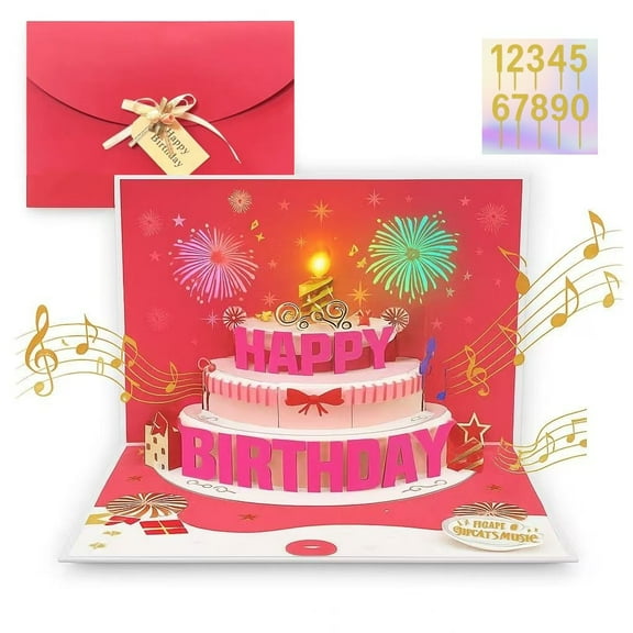 Pop Up 3D Birthday Cake Card with LED Light & Music – Personalized Greeting Card with Numbers 0-9, Light Up & Plays Happy Birthday Song, Gift for Mom, Dad, Kids, Friends