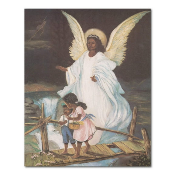 Guardian Angel With Children On Bridge African American Black Religious Wall Picture Art Print 16x20"