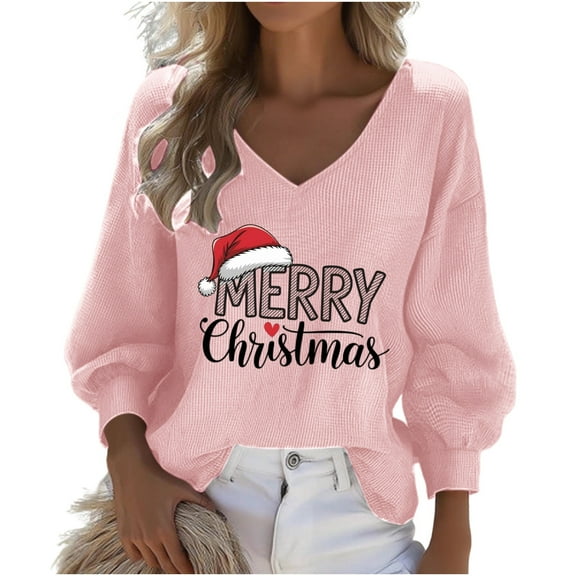 Maplenight Christmas 3/4 Sleeve Womens Tops Waffle V-Neck Graphic Tee Shirts Loose Fit Casual Holiday Winter Blouse