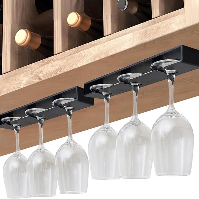 Soporte para copas de vino, paquete de 2, sin necesidad de taladrar, organizador de copas para colgar debajo del gabinete