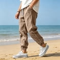 thumbnail image 3 of Dwellite Men Casual Linen Jogger Pants Relaxed Fit Trousers Elastic Waist Drawstring Sweatpants with Pockets Camel M, 3 of 7