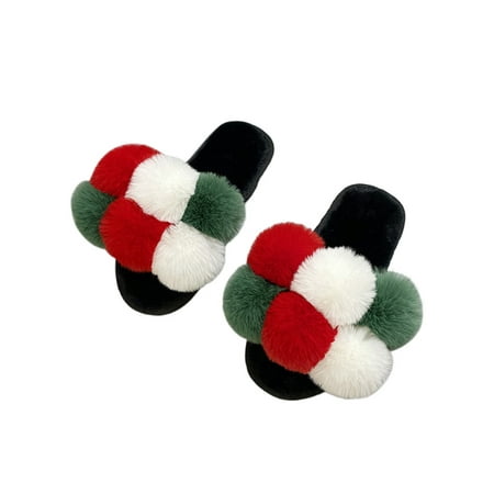 

Ferndule Ladies Winter Slippers Plush Lining Fluffy Slides Open Toe Fuzzy Slipper Comfort Color Block Flats Indoor Outdoor Slip-ons Warm Green 7-7.5