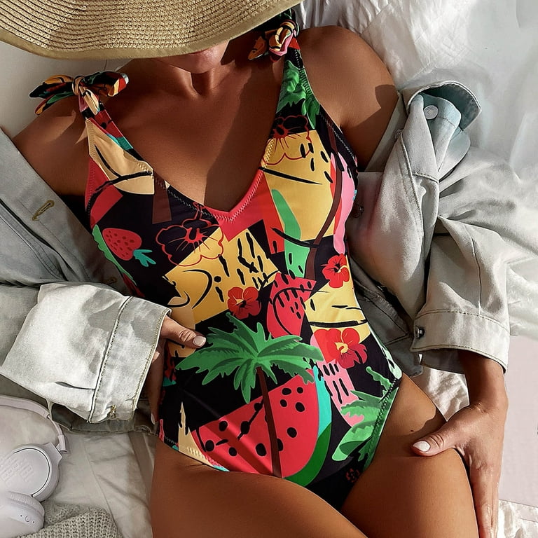 VSSSJ Swimsuit for Women Cute Fruit Printed V Neck Backless One Piece  Swimwear Tummy Control Sexy High Cut Lace Up Bathing Suit