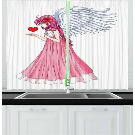 Anime Curtains 2 Panels Set, Fairytale Character Angel in a Pink Dress Holding a Heart Romantic Valentines Day, Window Drapes for Living Room Bedroom, 55W X 39L Inches, Pink Red White, by
