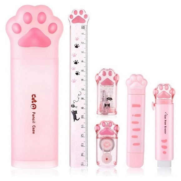 Cute Cat Stationery Set, 6 Pcs Kawaii Cat Stationary Kit Pencil Sharpener Retractable Eraser Correction Tape Ruler