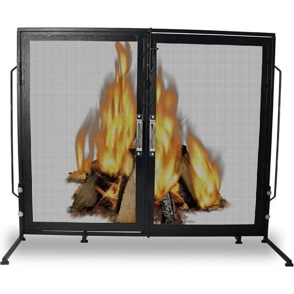 FEBTECH - 38’’ x 31’’ 2 Door Fireplace Screen - Black Carbon Steel Mesh with Magnetic Panels - Protective Spark Guard