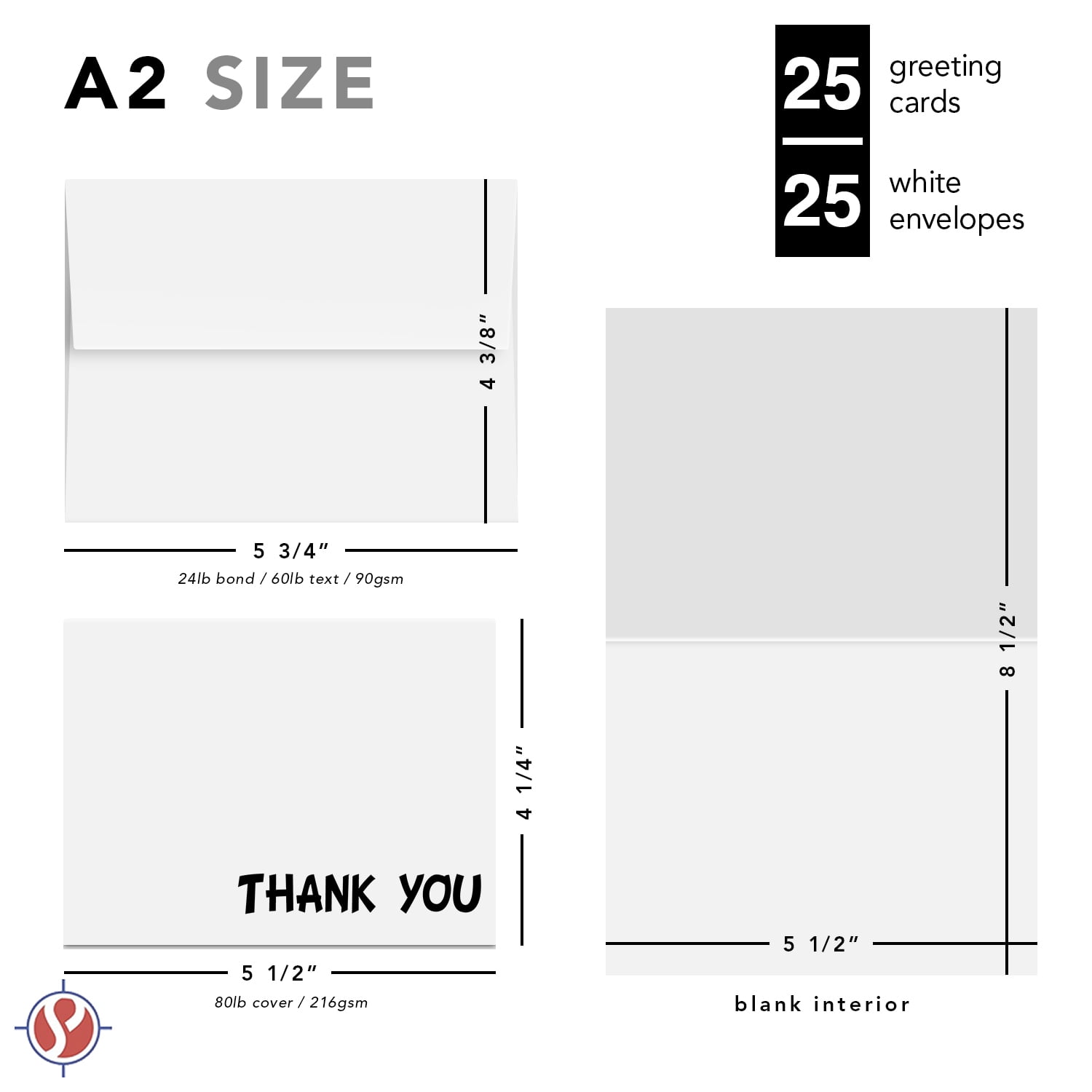 Thank You Card – 25 Bulk Set of Half-Fold Greeting Cards & Envelopes – Pre-Scored & Blank on the Inside – Elegant and Perfect for Weddings, Baby Shower, Graduation, Birthdays | 4.25 x 5.5 (A2 Size)