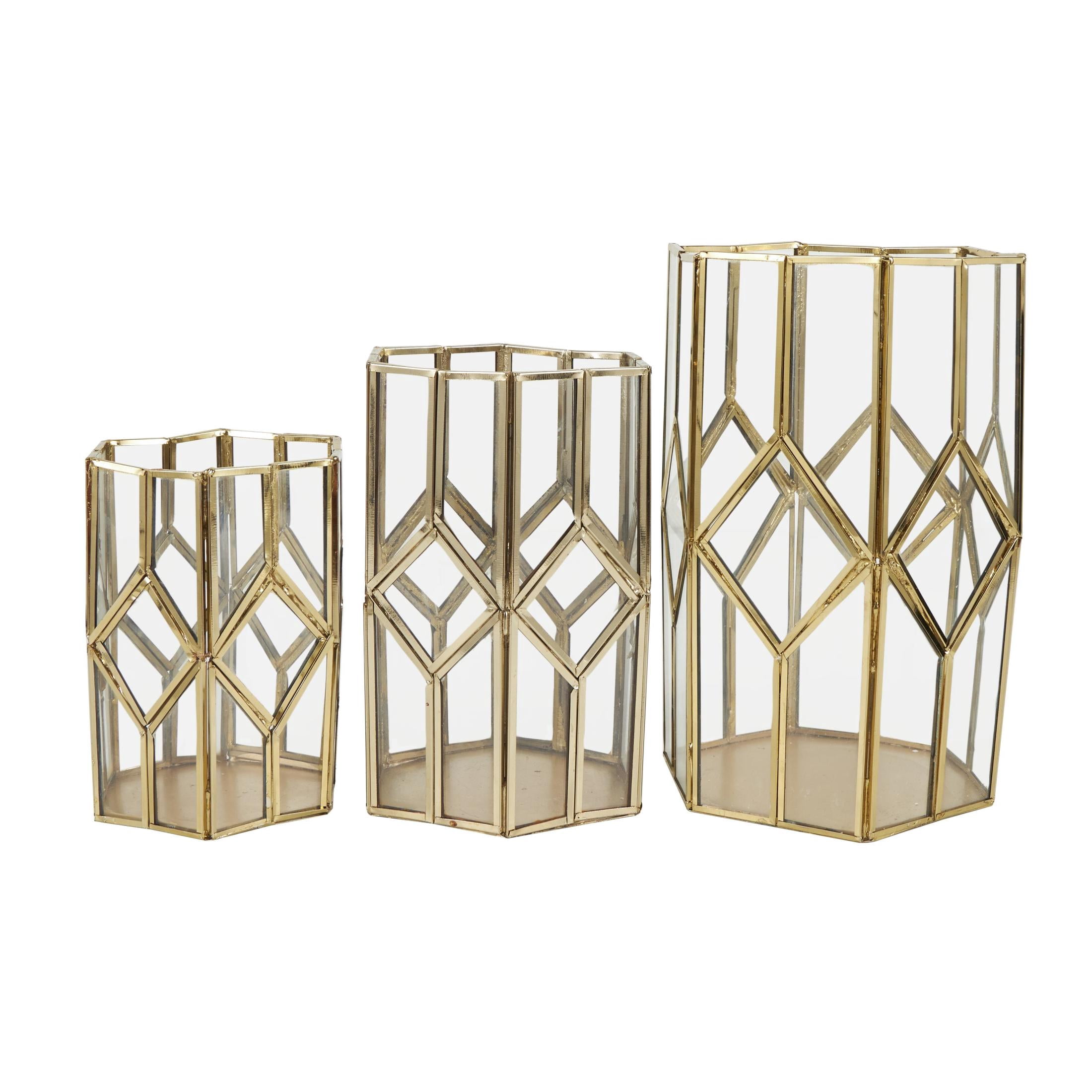 CosmoLiving by Cosmopolitan 3 Holder Gold Metal Geometric Diamond Patterned Hexagon Candle Lantern with Clear Glass, Set of 3
