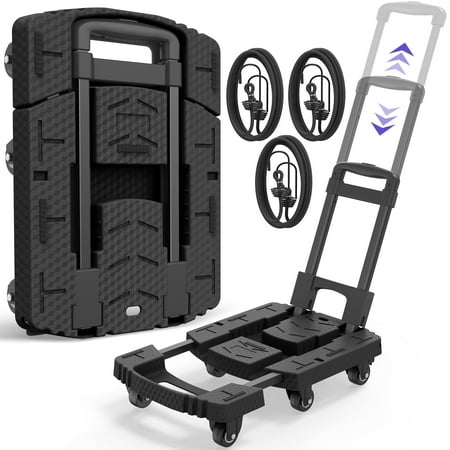 TNTANTS Hand Truck  500 LB Heavy Duty Portable Dolly  Folding Dolly Cart with 6 Wheels & 3 Elastic Ropes for Luggage  Travel  Moving  Shopping  Office Use  Black