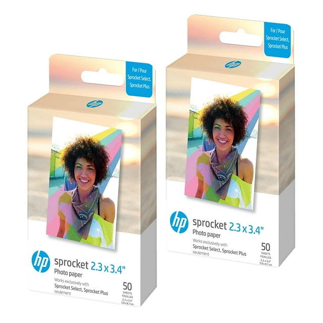 Papel fotográfico HP Sprocket, 2,3 x 3,4 pulgadas, con parte trasera adhesiva de zinc, 100 hojas
