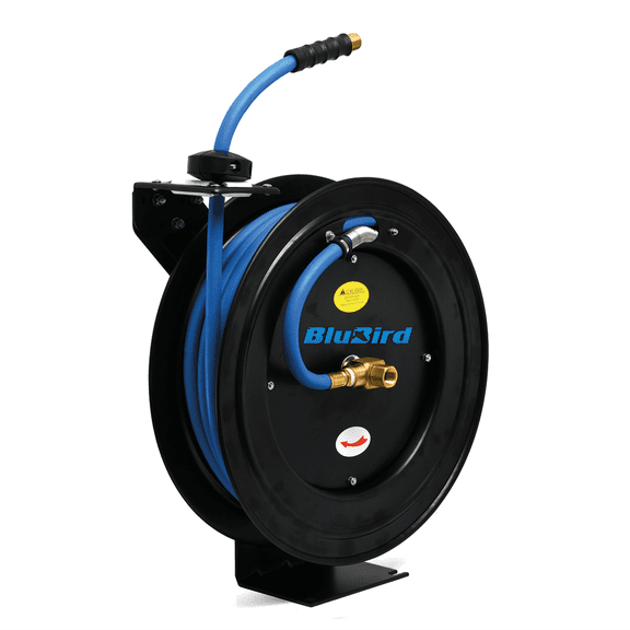 BluBird 3/8" x 25' Air Hose Reel, 300 PSI Rubber Hose, Steel Construction, Wall/Ceiling Mount, Brass Fittings, 10-Year Hose Warranty