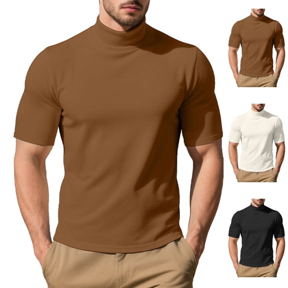 Namayuj Men's Basic Warm Short Sleeve Shirts Dressy Casual High Neck Tees Trendy Solid Pullover Tops