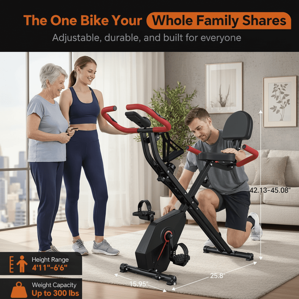 USLIM Foldable Magnetic Exercise Bike, Home Stationary Bike with Arm Resistance Bands, LCD Monitor, 300 lb Capacity
