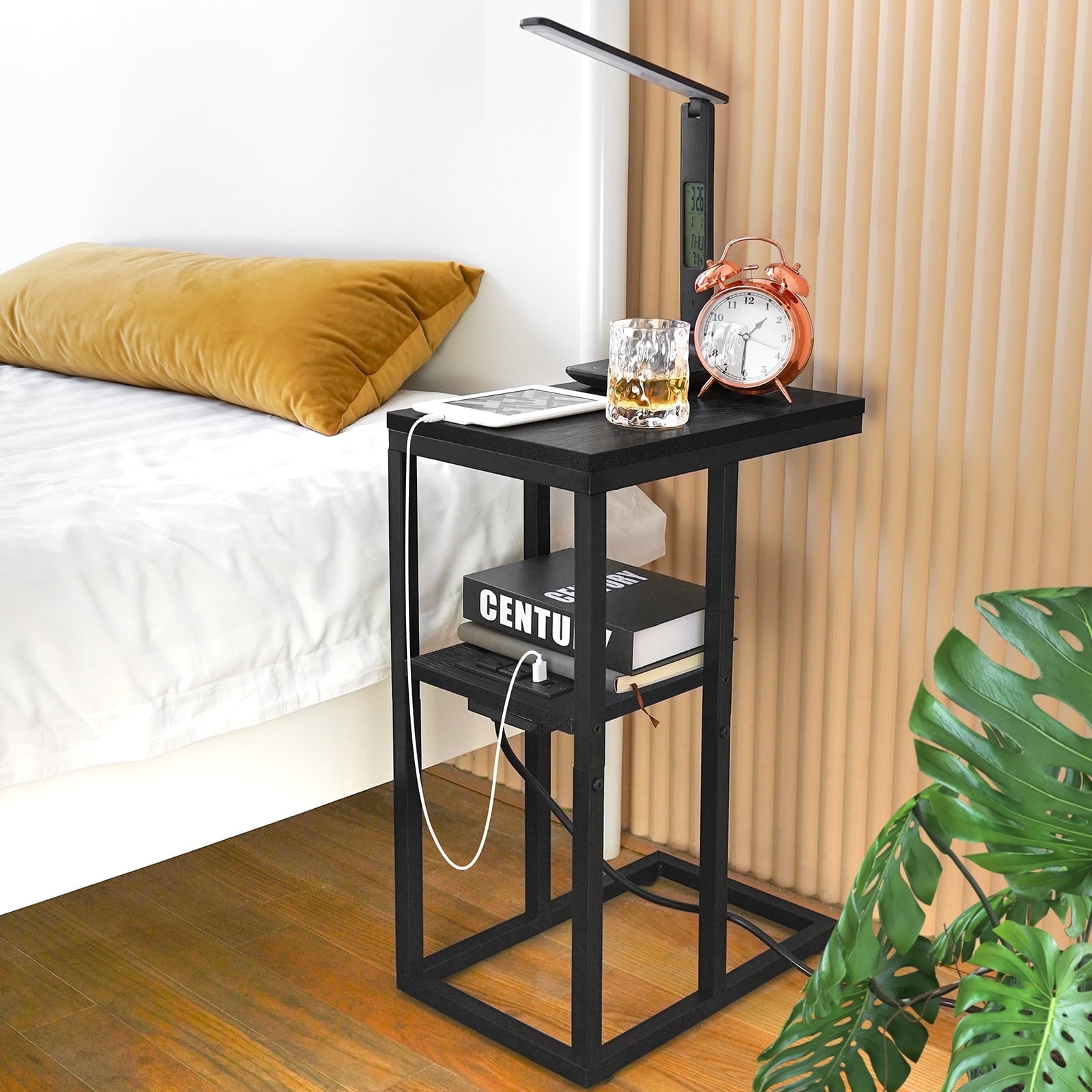 C Shaped End Table with Charging Station, Small Side Tables for Couch for Living Room, Bedroom, Black