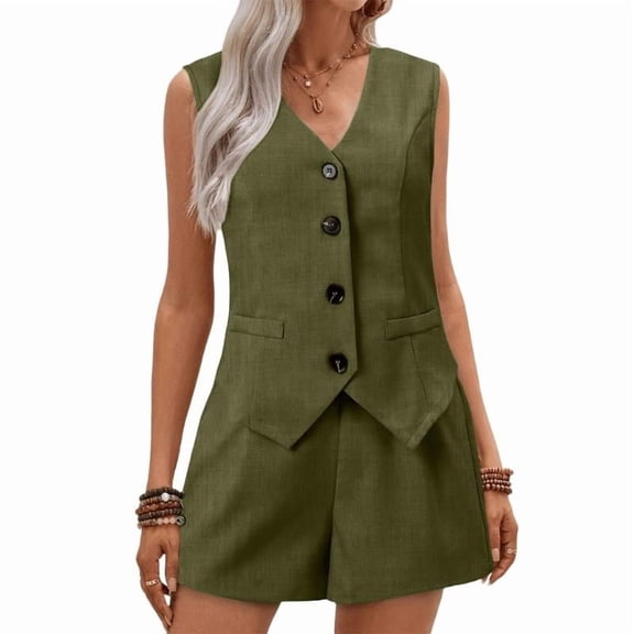 Women's two-piece fashion suit: button-down vest top and shorts, business casual .